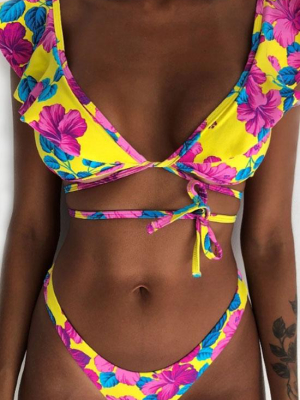 Multi Way Boho Floral Ruffle Neck Bikini Swimsuit - Two Piece Set