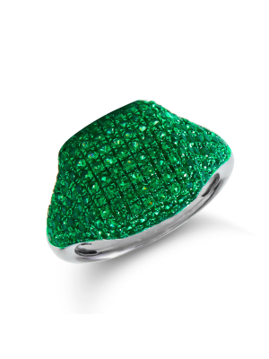 14kt White Gold Diamond Tsavorite Cushion Pinkie Ring