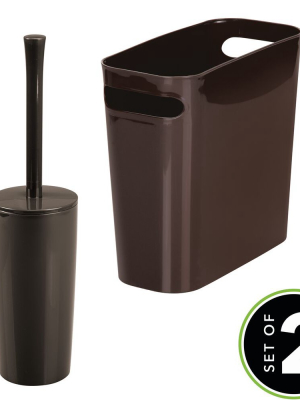 Mdesign 2 Piece Plastic Bathroom Trash Can, Toilet Bowl Brush Set - Dark Brown