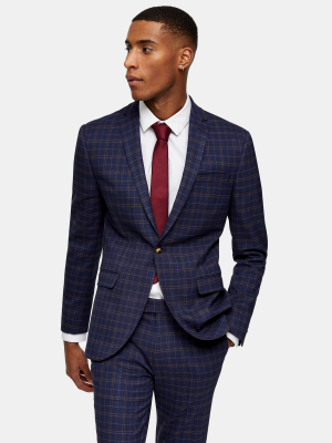 Navy Check Single Breasted Skinny Fit Suit Blazer With Notch Lapels