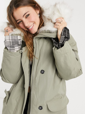 Asos Design Longline Parka With Faux Fur Trim In Gray