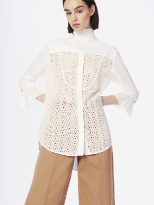 Upcycled Tie-neck Lace Panel Shirt In White