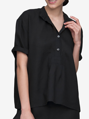 Short Sleeve Cropped Sleep Shirt Black Linen