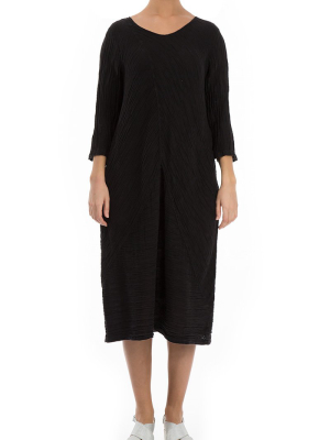 Evergreen Crinkled Black Silk Linen Midi Dress