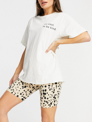 Asos Design It's Cool To Be Kind Oversized Tee & Legging Shorts Set In Cream & Leopard Print