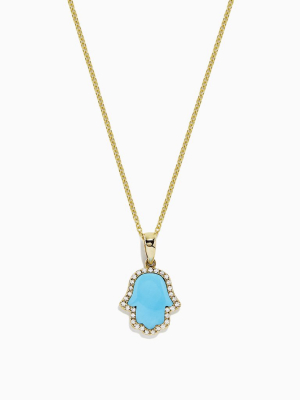 Effy Novelty 14k Yellow Gold Turquoise And Diamond Hamsa Pendant, 1.46 Tcw