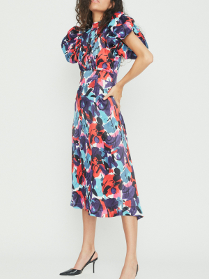 Dawn Puff-sleeve Printed Crepe De Chine Midi Dress