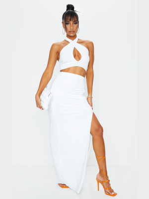 Cream Slinky Ruched Waist Maxi Skirt