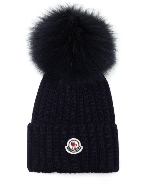 Moncler Logo Patch Pompom Beanie