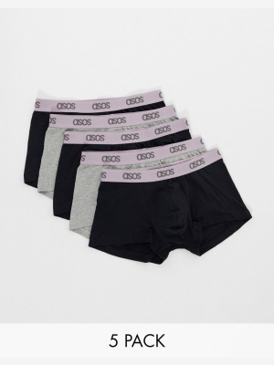 Asos Design 5 Pack Short Trunk In Grey Marl And Black With Mauve Branded Waistband Save