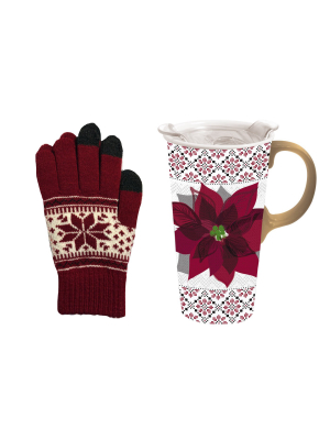 Cypress Home Beautiful Christmas Poinsettia And Sweater Pattern Ceramic Travel Cup And Glove Gift Set - 5 X 4 X 7 Inches