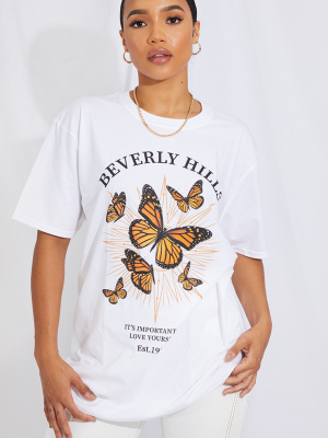White Beverly Hills Butterfly Printed T Shirt