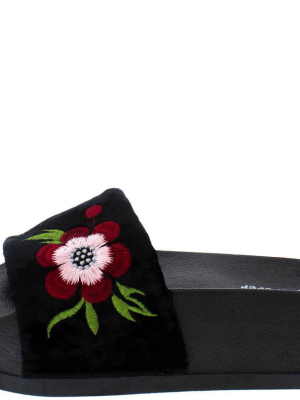 Lucky26 Black Velvet Flower Embroidered Slide Flat Sandal