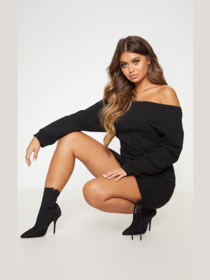 Black Bardot Ruched Side Sweat Jumper Dress