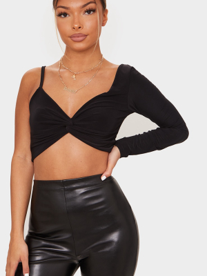 Black Slinky One Shoulder Drape Front Crop Top