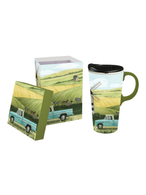 Cypress Home Ceramic Travel Cup, 17 Oz.,w/box, Farm Life