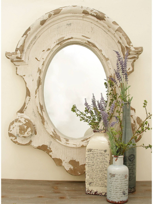 35" X 43" Antique Style Large Oval Distressed Wood Wall Mirror With Scrollwork White - Olivia & May