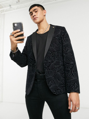 Twisted Tailor Suit Jacket With Satin Lapel In Black Deco Print