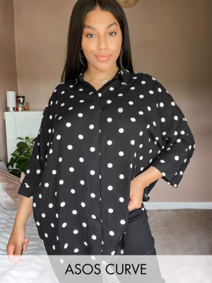 Asos Design Curve Long Sleeve Oversized Shirt In Mono Polka Dot