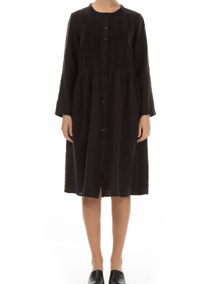 Pin Tucks Black Linen Dress