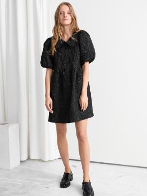 Buttoned Puff Sleeve Jacquard Mini Dress