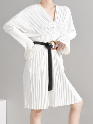 Sakiya Pleated Long Sleeve Shirt Dress - White