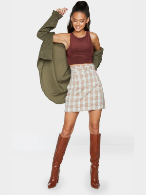 Stone Woven Check Belted Skater Skirt