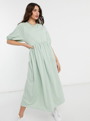 Asos Design Gathered Neck Midi Smock Dress In Green