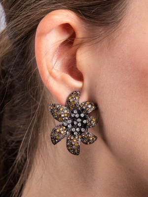 Gunmetal With Topaz And Crystals Flower Clip Earrings