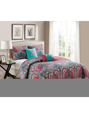 Vcny Home Casa Re'al Coral/aqua Reversible Quilt Set - Multicolored 4 Piece Twin - Twin Xl