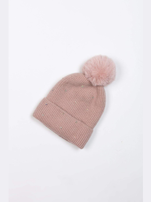 Diamante Beanie Hat In Pink With Faux Fur Pom Pom