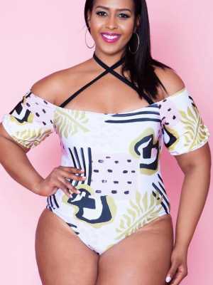 Plus Size Refreshing Off Shoulder Sleeved Halter One Piece Swimsuit