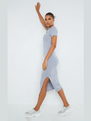 Grey Cut Out Short Sleeve Split Midi Dress