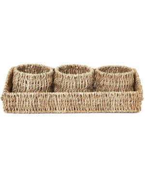 4-piece Set Round Woven Seagrass Wicker Nesting Storage Bin Basket Box Set Container With Rectangle Tray, Brown