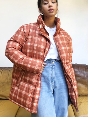 Rust Nylon Checked Oversized Puffer Jacket