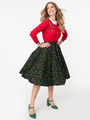 Magnolia Place Retro Black & Candy Cane Print High Waist Swing Skirt