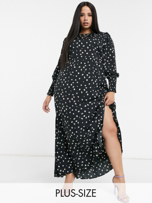 Vero Moda Curve Maxi Dress With Deep Cuffs In Black Ditsy Floral