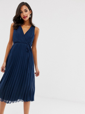 Asos Design Wrap Bodice Midi Dress With Tie Waist And Pleat Skirt