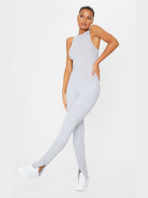 Grey Marl Racer Neck Rib Jumpsuit