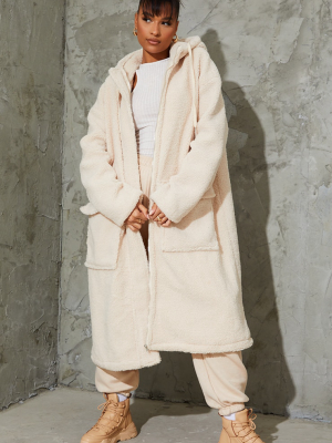 Cream Borg Hooded Pocket Front Maxi Parka Coat