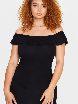 Plus Basic Black Bardot Frill Detail Bodycon Dress