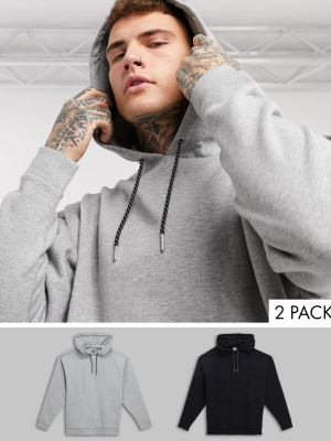 Asos Design Oversized Hoodie 2 Pack With Flecked Drawcords Grey Marl / Black