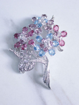 Vintage Nolan Miller Pink And Blue Rhinestone Large Flower Brooch