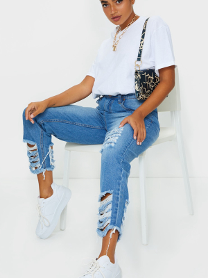 Petite Mid Wash Distressed Denim Cuff Hem Jeans