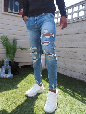 Bershka Super Skinny Jeans With Rips In Blue