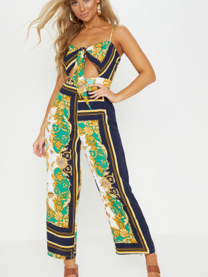 Green Shell Print Tie Front Beach Jumpsuit