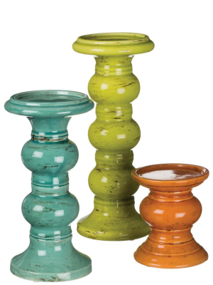 Sullivans Set Of 3 Pillar Candle Holder 5"h, 10"h & 12"h Blue, Green & Orange