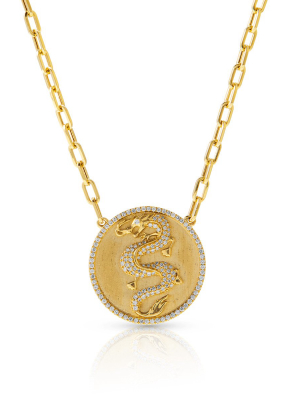 14kt Yellow Gold Diamond Dragon Medallion Charm Chain Link Necklace