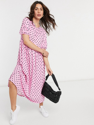 Asos Design Gathered Neck Midi Smock Dress In Pink And Black Spot