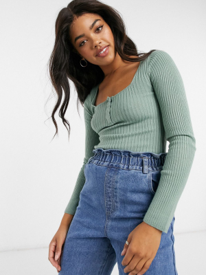 Asos Design Sweater With Square Neck And Popper Detail In Sage